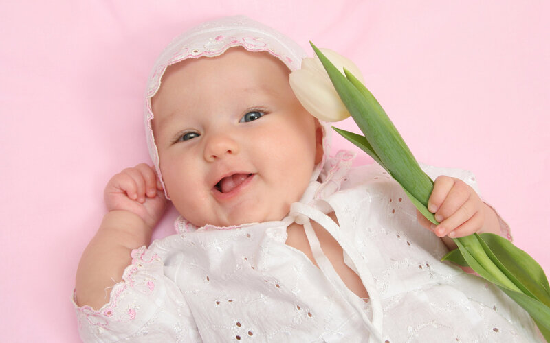 Baby Holding Tulip — Pink, Calm
