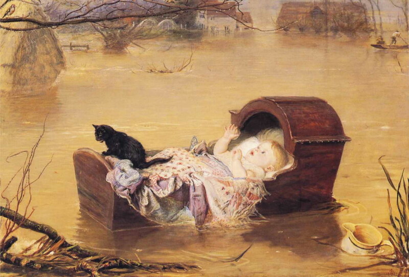 Baby in a cradle on floodwaters