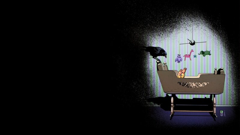 Baby in a crib with a crow