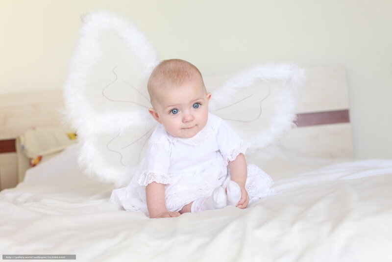 Baby in Angel Costume — White, Innocent, Photograph, Wings, Bed, Dress