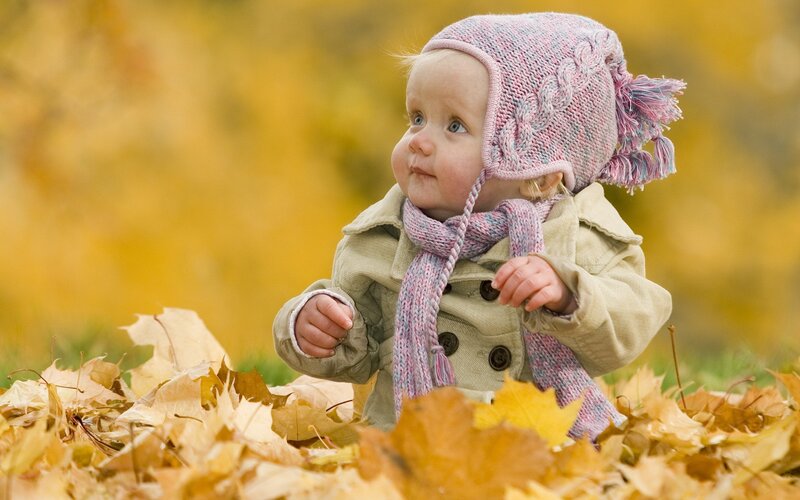 Baby in autumn leaves