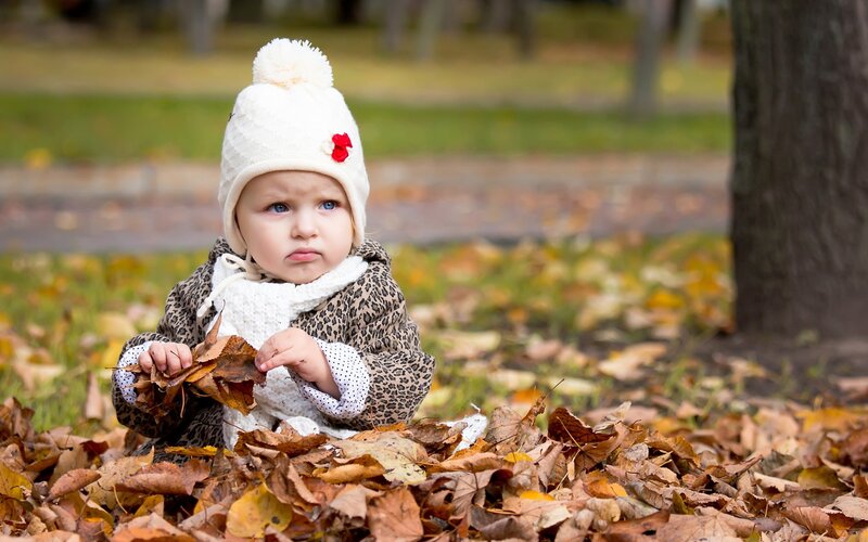 Baby in autumn leaves