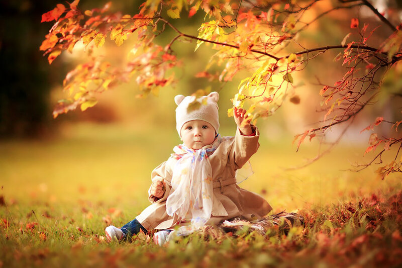 Baby in Autumn Leaves — Yellow, Serene, Photograph, Hat