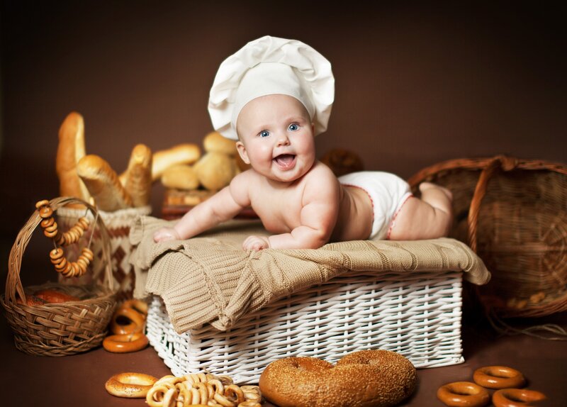 Baby in Chef Hat — Brown, Playful, Photograph, Bread