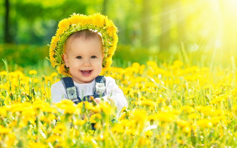 Baby in Dandelion Field — Yellow, Joyful