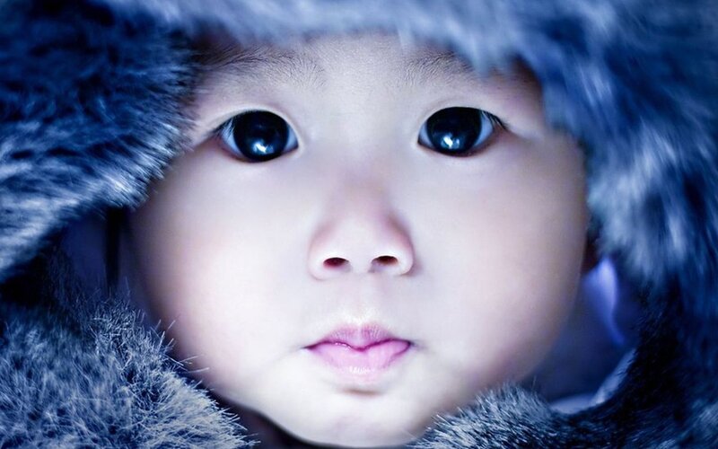 Baby in Fur Hood — Blue, Cold, Winter, Photograph