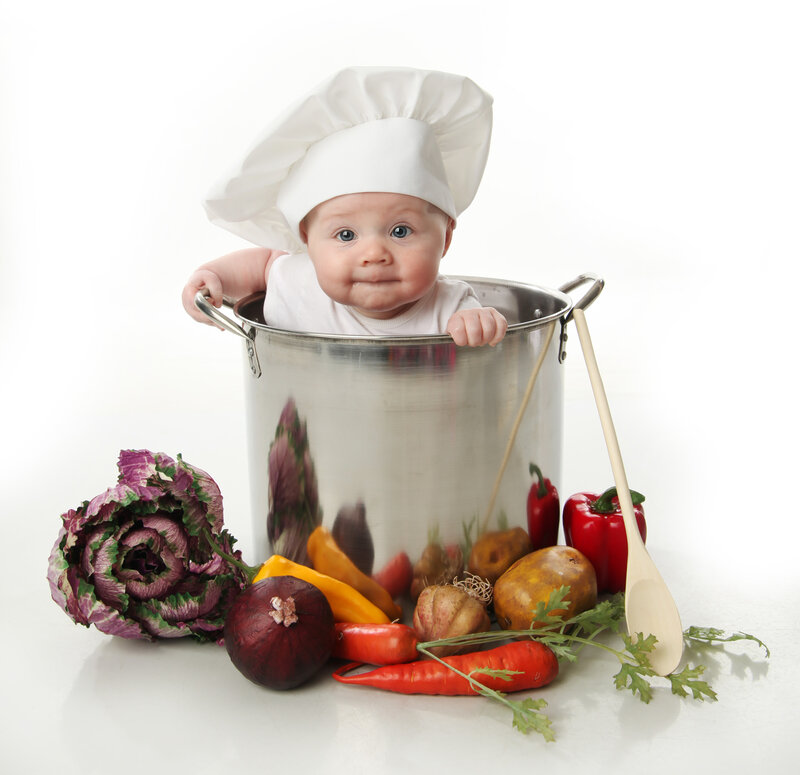 Baby in Pot with Vegetables — White
