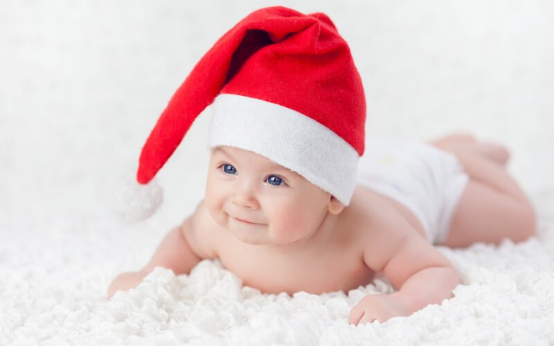 Baby in Santa Hat — Red, Calm, Photograph, Diaper