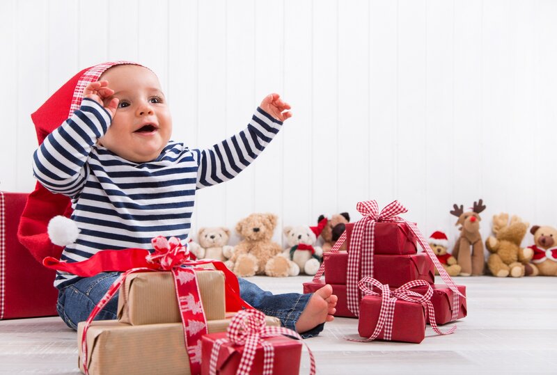 Baby in Santa Hat — Red, Festive, Winter, Photograph, Teddy Bears