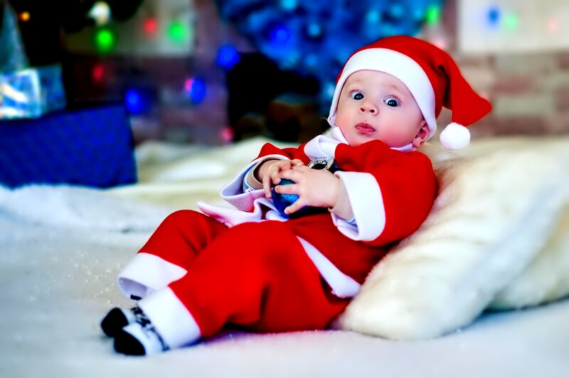 Baby in Santa Outfit — Red, Festive, Winter, Photograph, Santa Hat, Christmas Lights