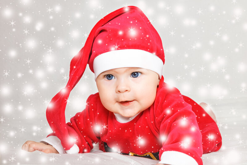 Baby in Santa Outfit — Red, Festive, Winter, Photograph, Snowflakes, Hat