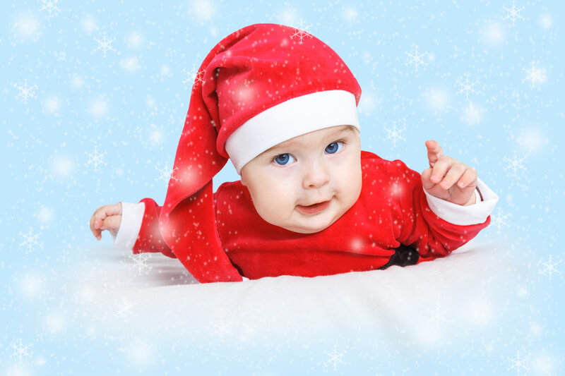 Baby in Santa Outfit — Red, Festive, Winter, Photograph, Snowflakes, Santa Hat, Red Suit