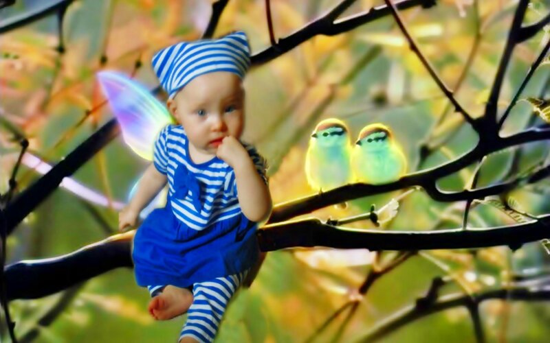 Baby in Tree with Birds