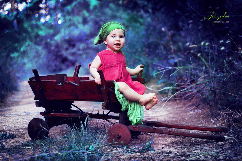 Baby in Wooden Cart — Green, Whimsical