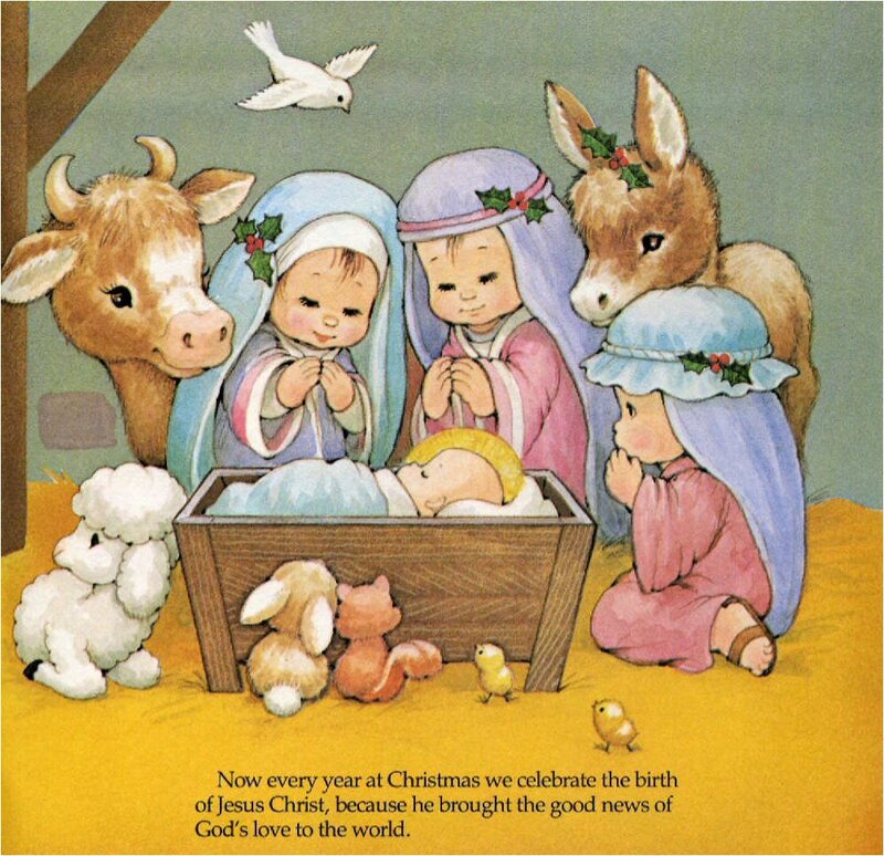 Baby Jesus in Manger — Blue, Serene, Illustration, Cow