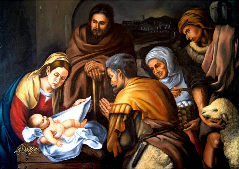Baby Jesus in Manger — Blue, Serene, Night, Painting