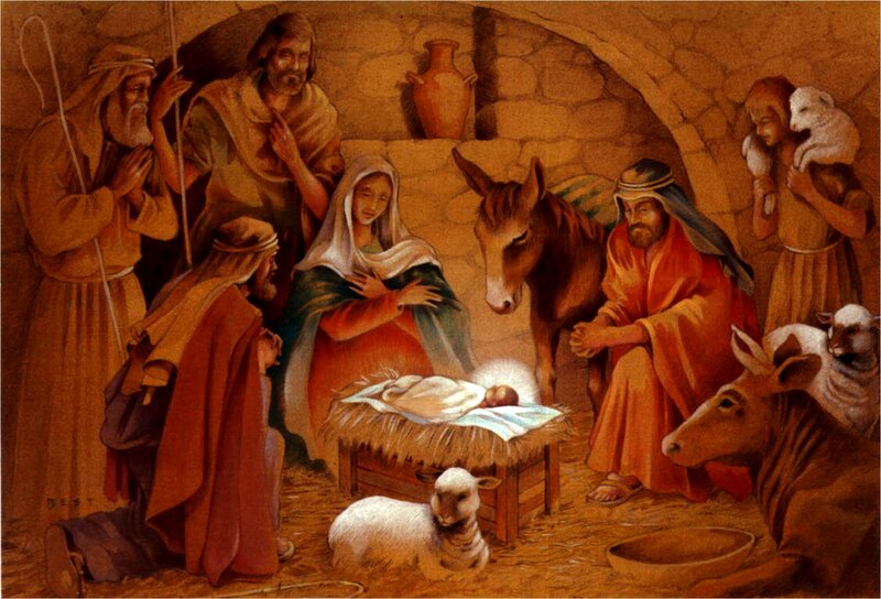 Baby Jesus in Manger — Brown, Serene, Night, Painting, Mary