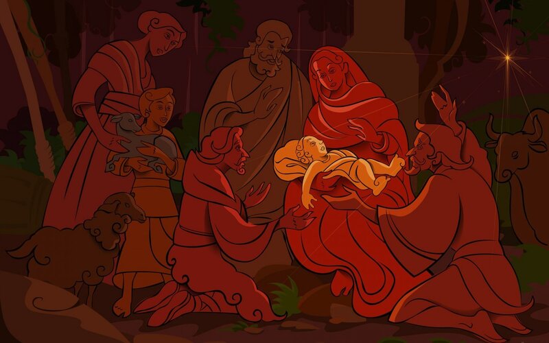 Baby Jesus in Manger — Red, Serene, Night