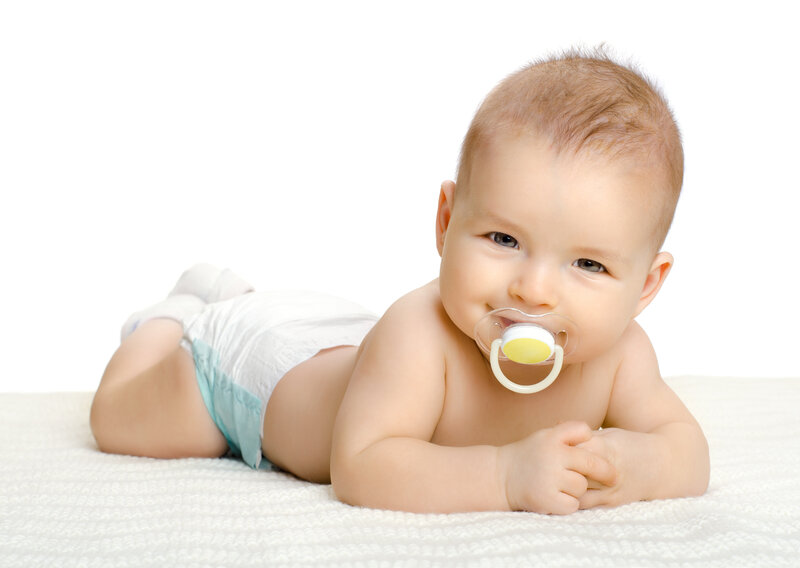 Baby Lying on Stomach — White, Calm, Photograph, Pacifier