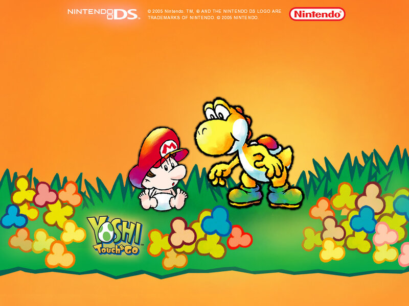 Baby Mario and Yoshi in a field