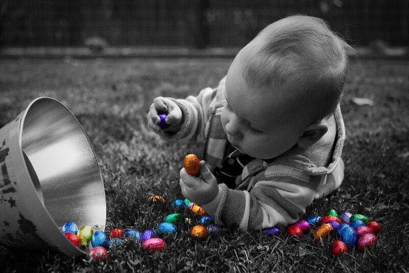 Baby on Grass with Eggs