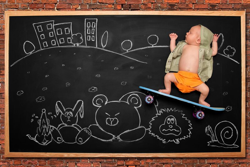 Baby on Skateboard — Black, Playful