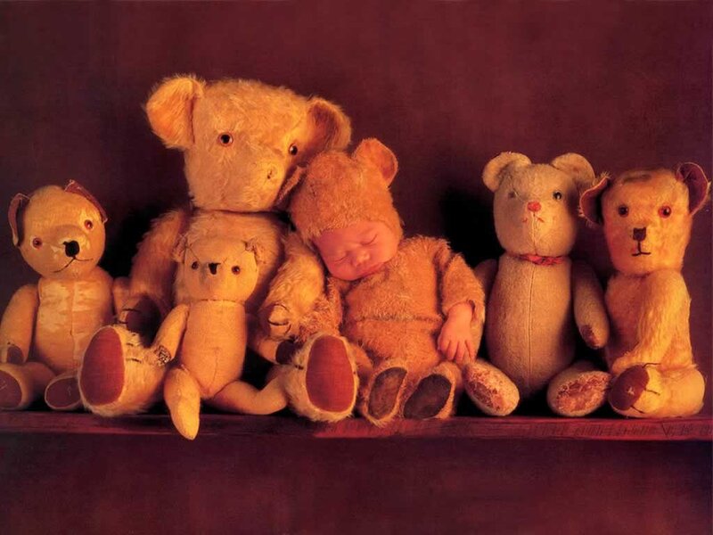 Baby Sleeping with Teddy Bears — Brown