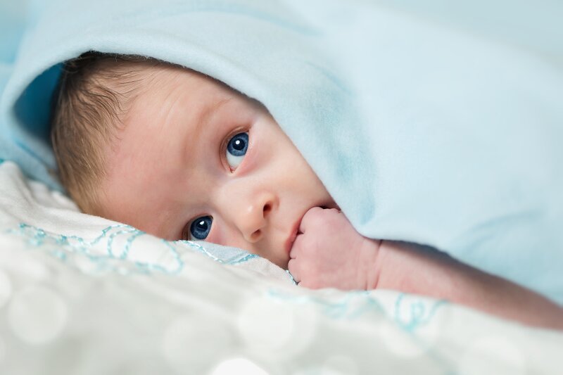 Baby under Blanket — Blue, Calm, Photograph