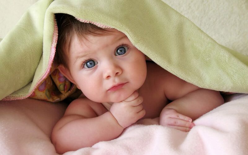Baby under Blanket — Green, Calm, Photograph