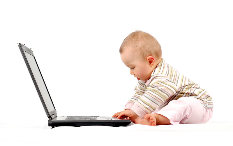Baby Using Laptop — White, Neutral, Photograph, Striped Shirt, White Background