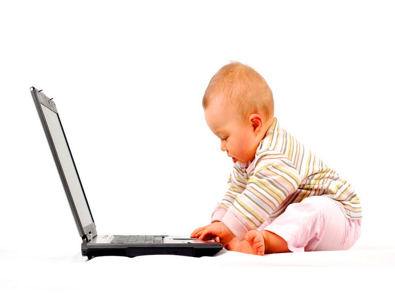 Baby Using Laptop — White, Neutral, Photograph