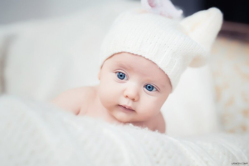 Baby Wearing Hat — White, Calm, Photograph, Blanket, Blue Eyes