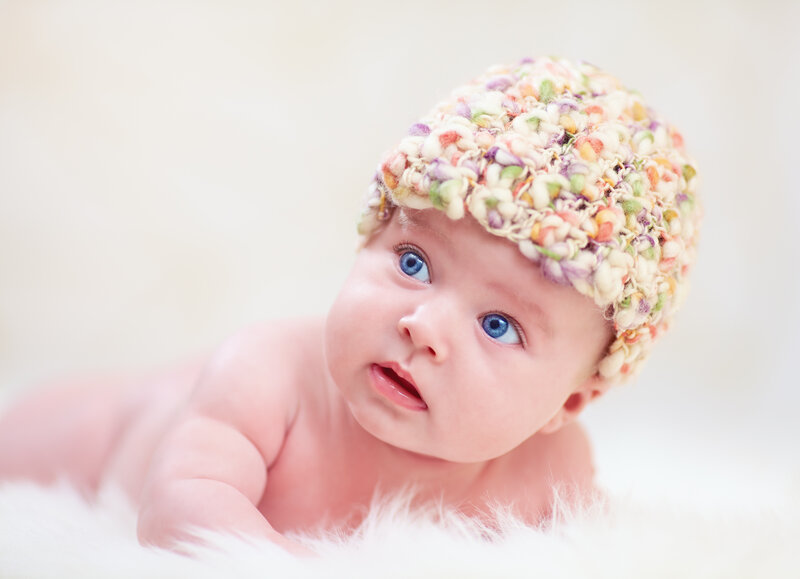 Baby Wearing Hat — White, Calm, Photograph, White Surface