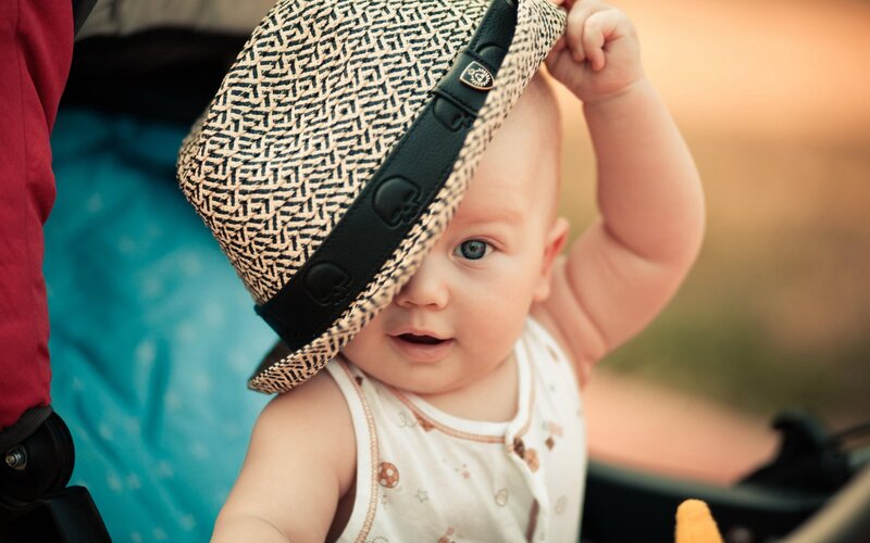 Baby Wearing Hat — White, Calm, Sunset, Photograph, Stroller, Blue Eyes