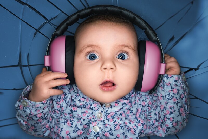 Baby Wearing Headphones — Blue, Curious