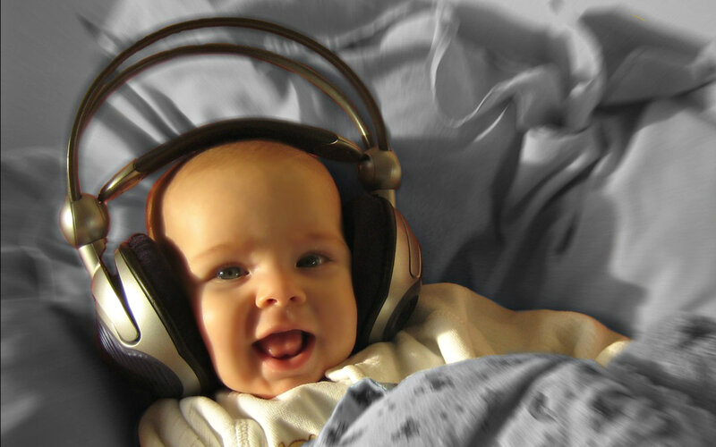Baby Wearing Headphones — Gray