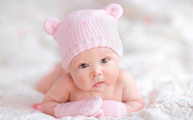 Baby Wearing Pink Hat — Calm, Photograph, Knit Hat, Mittens