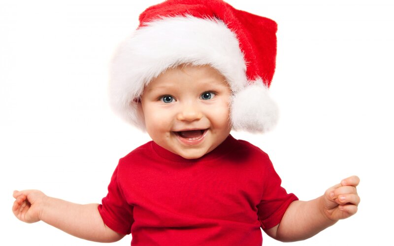 Baby Wearing Santa Hat — Red, Happy
