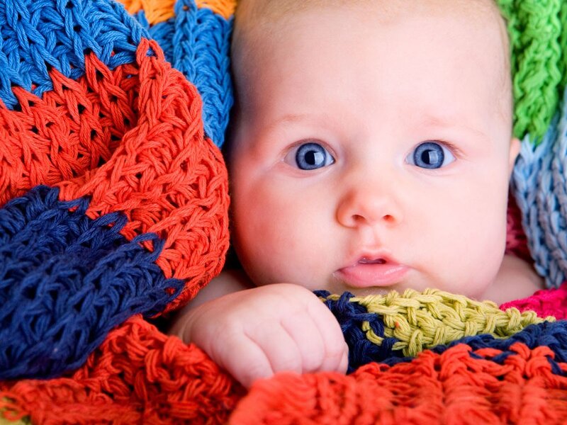 Baby with Blue Eyes — Calm, Photograph, Knitted Blanket