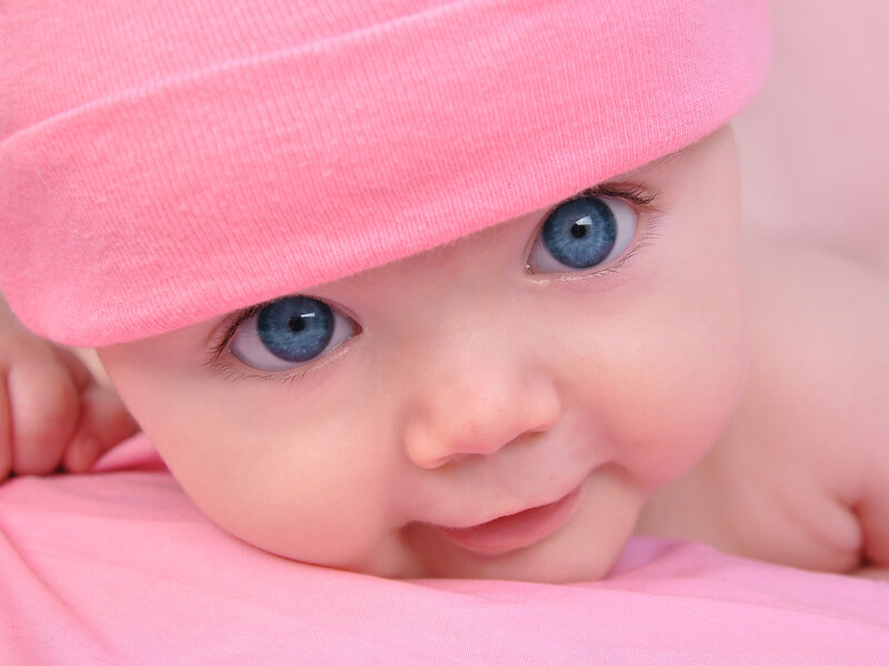 Baby with Blue Eyes — Pink, Calm, Photograph, Pink Hat