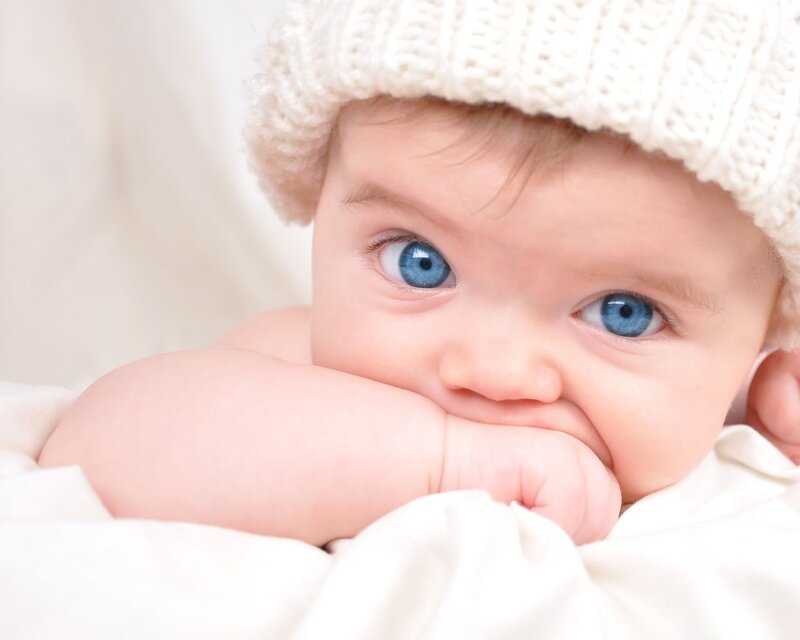 Baby with Blue Eyes — White, Calm, Photograph, Knit Hat