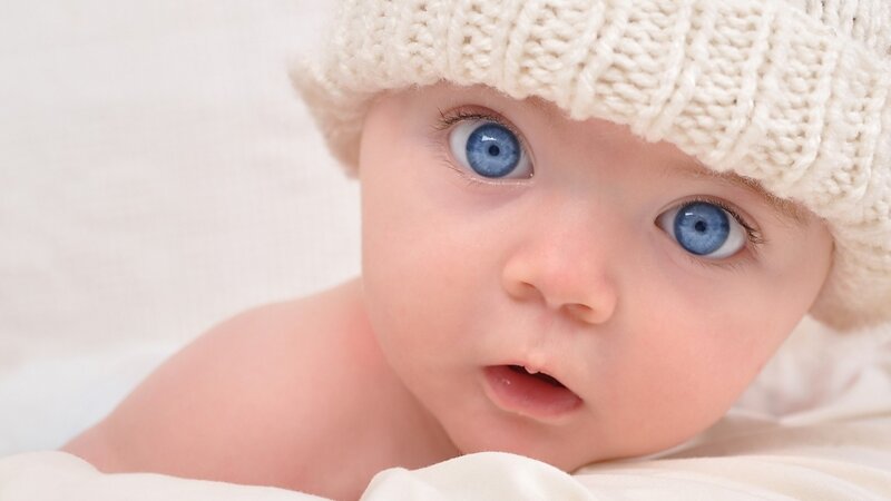 Baby with Blue Eyes — White, Innocent, Photograph, Knit Hat, Blanket