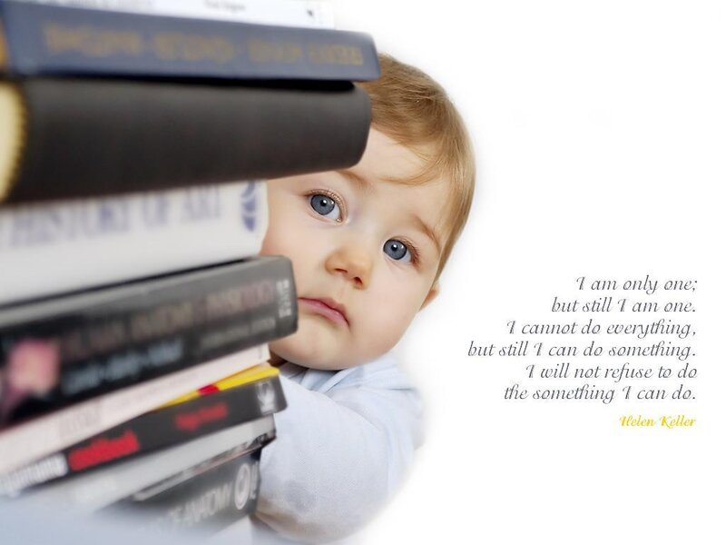baby with books and quote