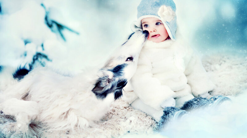 Baby with Dog in Snow
