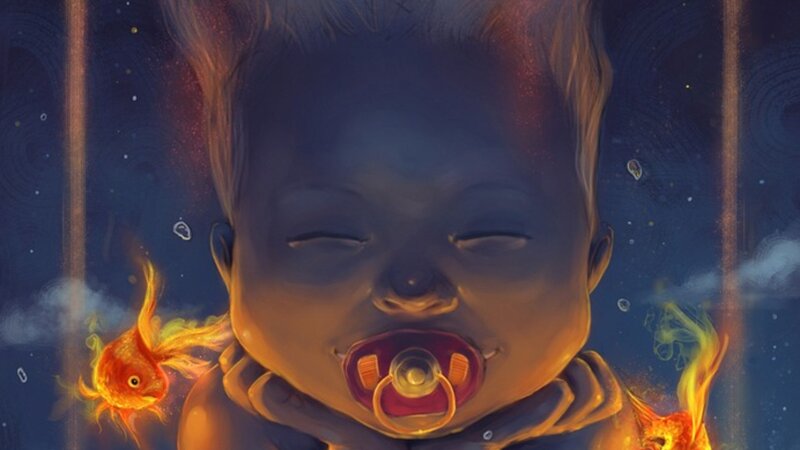 Baby with pacifier and fish
