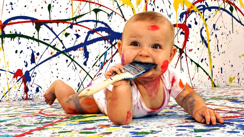Baby with Paintbrush — White, Playful, Photograph, Paint Splatters