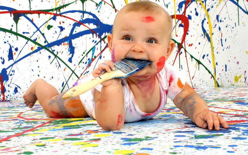 Baby with Paintbrush — White, Playful