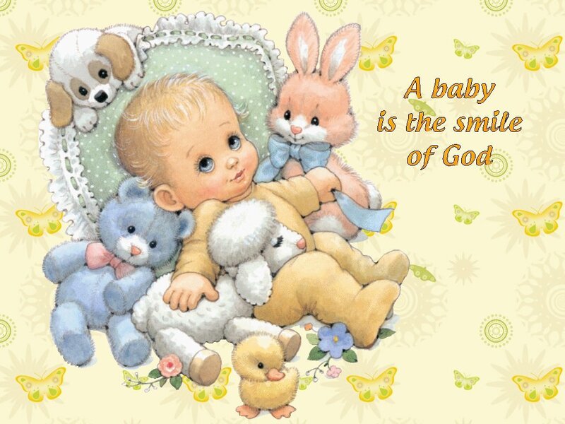 Baby with stuffed animals