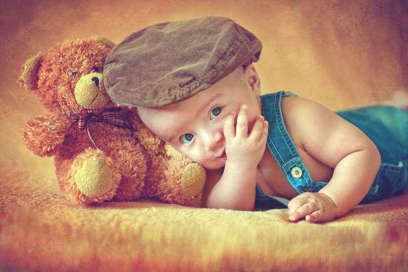 Baby with Teddy Bear — Brown, Calm, Photograph