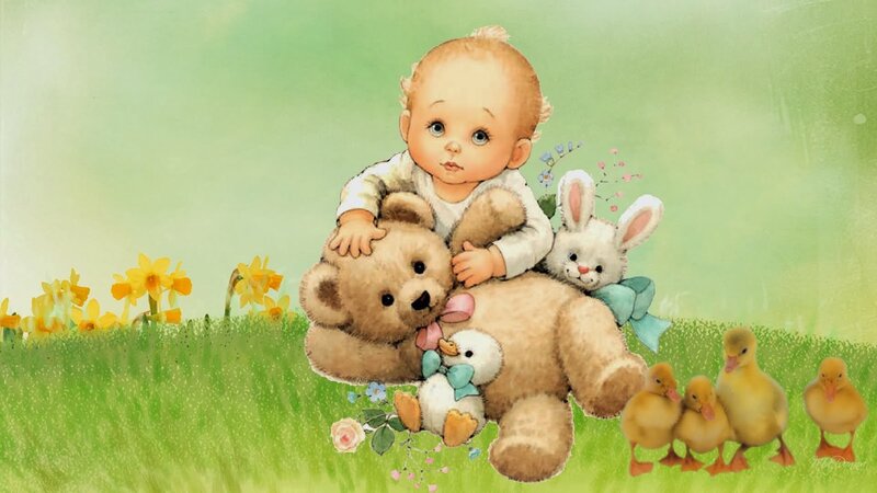 Baby with Teddy Bear — Green, Peaceful